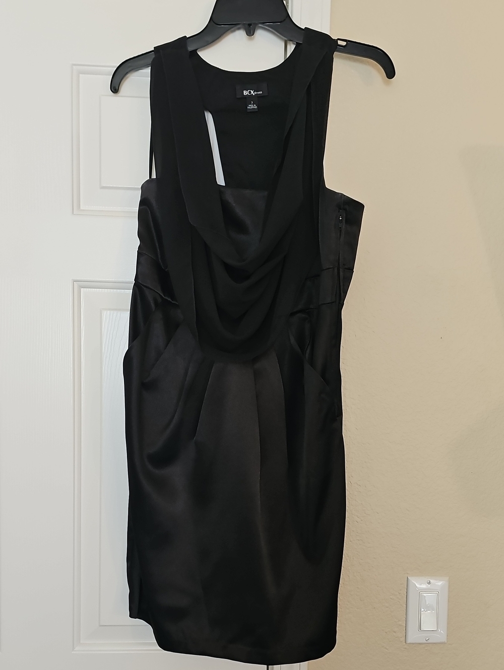 BCX Black Satin Cowl Neck Mini Dress